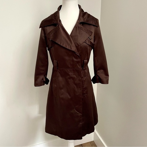 Bebe Vintage Y2K Brown Satin Trench Coat Double Breasted Size Extra Small - Picture 1 of 11